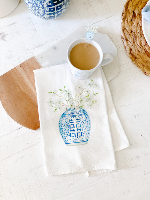 Double Happiness Jar with Dogwood Flowers Tea Towel