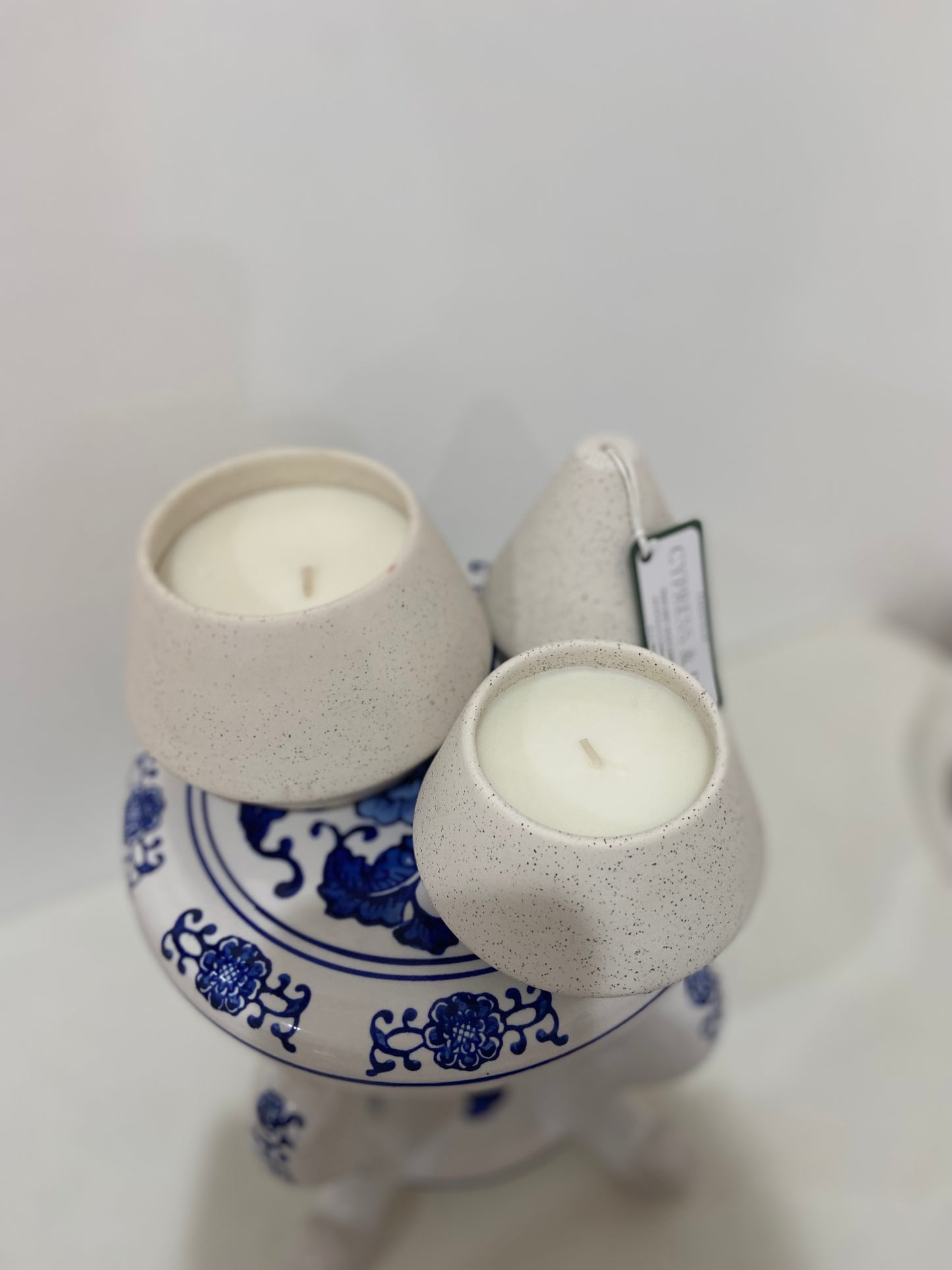 Large White Speckled Ceramic Tree Stack Candle