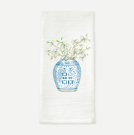 Double Happiness Jar with Dogwood Flowers Tea Towel